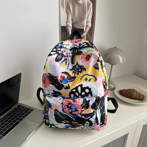 Women Lightweight Nylon Backpack Casual Graffiti Printed School Bag With Heart Tropical Pattern Large Capacity Student Bookbag