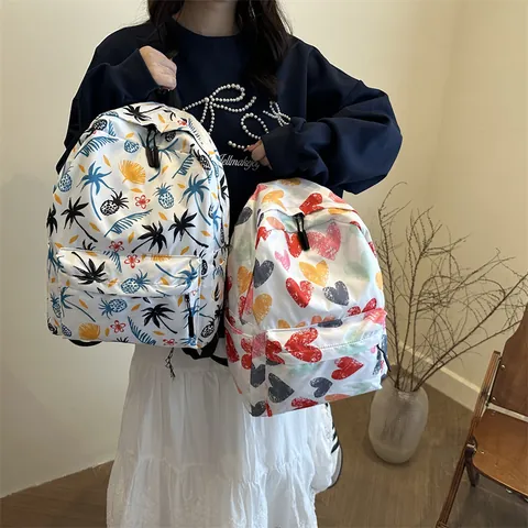Women Lightweight Nylon Backpack Casual Graffiti Printed School Bag With Heart Tropical Pattern Large Capacity Student Bookbag