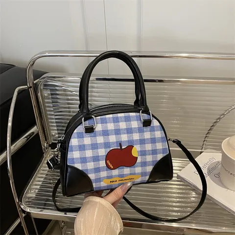 Vintage Gingham-Patchwork-Boston-Tasche für Damen mit Apfel-Druck PU-Leder-Leinwand-Schultertasche Lässige Retro-Henkeltasche