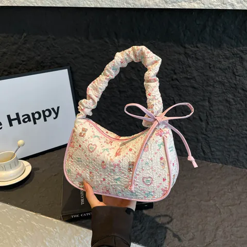 Sac sous le Bras Doux pour Femme Imprimé Ours de Dessin Animé Floral Matelassé avec Poignée Froncée et Nœud Style Coréen
