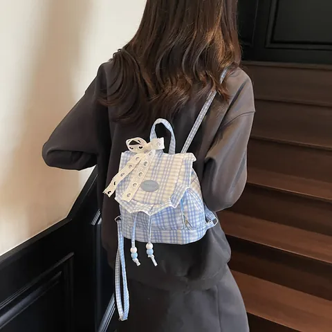 Mochila Mini Gingham Azul Con Lazo de Encaje Volantes Cordón Estilo Académico Bolso de Tela Pequeño para Mujeres Niñas