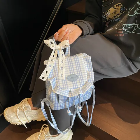 Mochila Mini Gingham Azul Con Lazo de Encaje Volantes Cordón Estilo Académico Bolso de Tela Pequeño para Mujeres Niñas