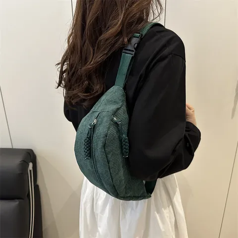 Fashion Corduroy Waist Bag Women Minimalist Solid Color Chest Bag Casual Sports Crossbody Bag With Braided Zipper Pulls