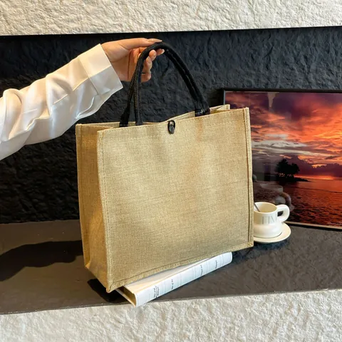 Women Jute Tote Bag Casual Linen Handbag Floral Alphabet Letter Print Eco Friendly Large Capacity Shopping Bag Button
