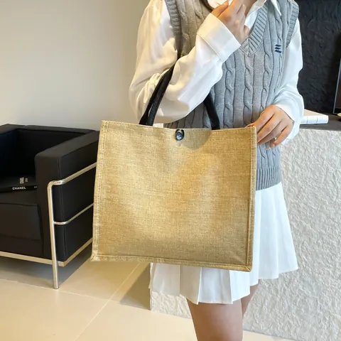 Women Jute Tote Bag Casual Linen Handbag Floral Alphabet Letter Print Eco Friendly Large Capacity Shopping Bag Button