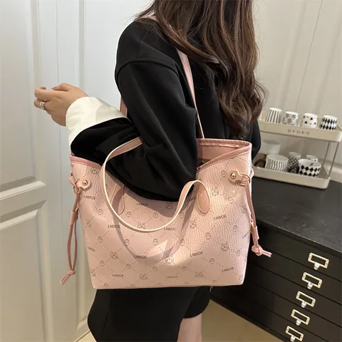 Women Lychee Grain Synthetic Leather Tote Bag Cartoon Rabbit Print Large Shoulder Bag Side Drawstring Daily Commute Handbag