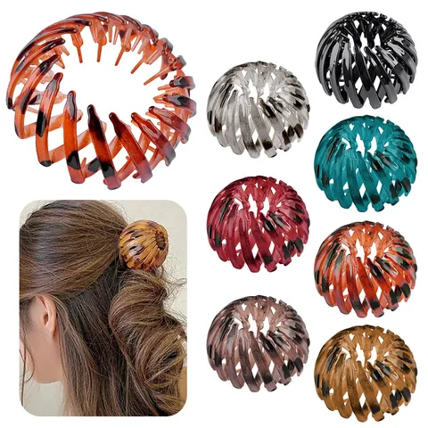Expandable Bird's Nest Hair Bun Maker Claw Clip Leopard Print Marble Resin Flocked Rhinestone Ponytail Holder For Women