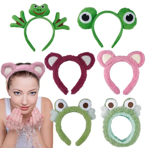 Cute Frog Big Eyes Plush Headband For Face Washing Makeup Soft Fabric Animal Ear Hairband For Women Daily Skincare Accessory