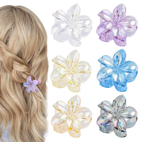 Small Plumeria Flower Hair Claw Clips Iridescent Laser Resin Hair Accessories For Women Sweet Frangipani Hair Jaw Clips