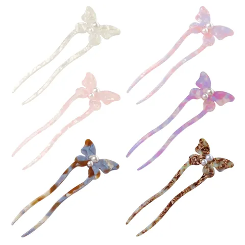 Forcina per Capelli a Farfalla in Acetato Bastoncino a U Con Perla Artificial d'Imitazione Motivo Marmoreo Accessori per Donna