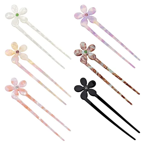 Élégante Fourche à Cheveux en Acétate Acrylique Fleur Forme de U Épingle à Cheveux Strass Accessoires de Coiffure pour Femmes