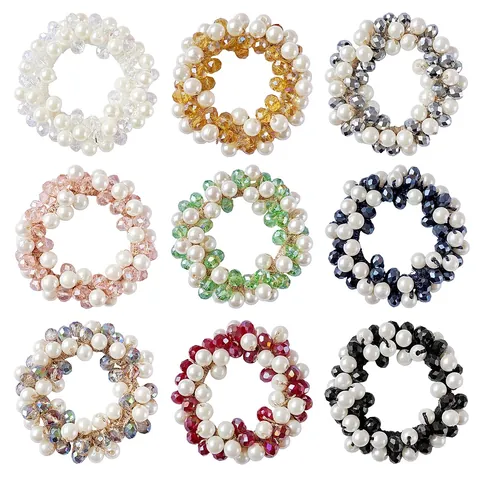 Elegant Artificial Pearl Rhinestone Elastic Hair Tie Beaded Ponytail Holder Scrunchies For Women Handmade Hair Accessories Hair Ring Decorative Hair Band