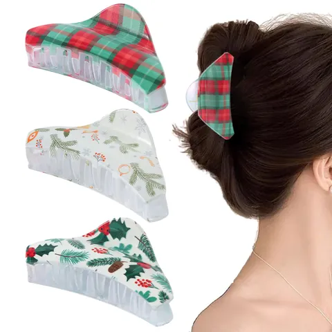 Triangle Printed Hair Claw Clip Christmas Pattern Plaid Tartan Plastic Resin Non Slip Shark Hair Accessory For Women