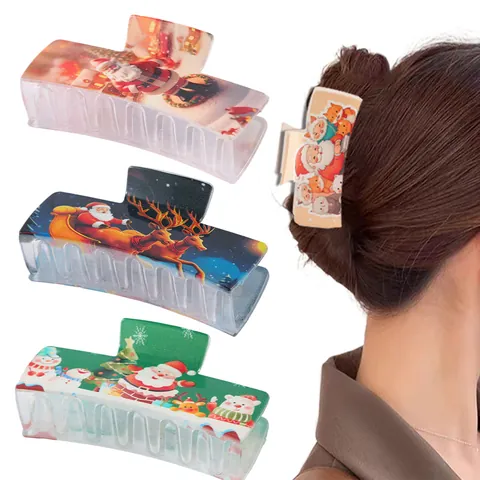 Pinze per Capelli Rettangolari Grandi a Tema Natalizio per Donna con Babbo Natale Renna Pupazzo di Neve in Plastica Resina Accessori per Capelli Festivi
