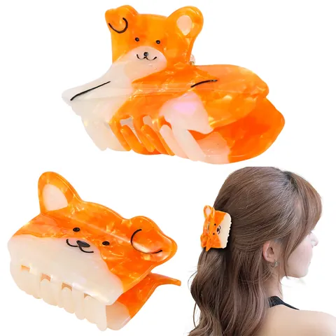 Cute Corgi Dog Shaped Hair Claw Clip Korean Style Acetate Animal Hair Accessories Orange White Color Block Hairpins For Women