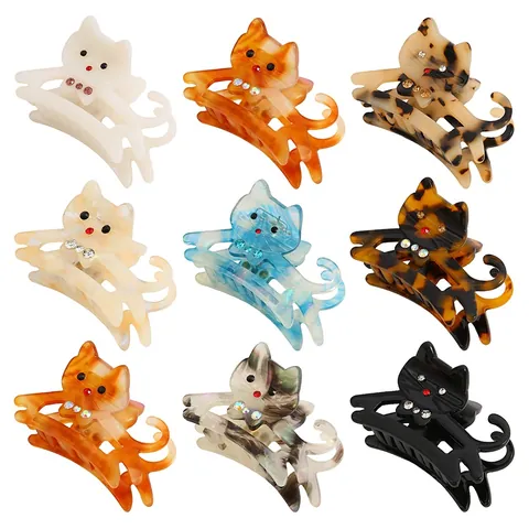 Pince à Cheveux en Forme de Chat en Acétate de Dessin Animé Avec Strass Mignonne Pince Requin Animal Accessoires de Mode Femme