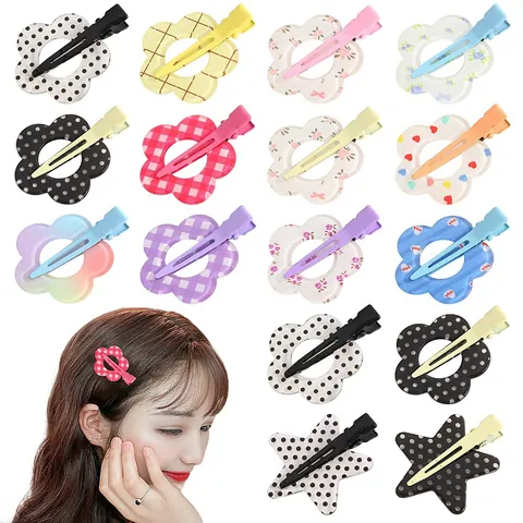 Korean Hollow Flower Star Acrylic Hair Clips Traceless Duckbill Bangs Clips For Women Girls Floral Plaid Hair Accessories
