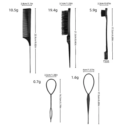 Professional Hair Styling Tool Combination Including Rat Tail Comb Teasing Brush Edge Brush And Hair Loop Tool For Salon