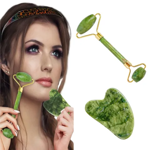 Set Massaggiatore Facciale In Giada Verde Naturale Rullo A Doppia Testa E Set Di Tavole Gua Sha A Forma Di Cuore Strumenti Di Bellezza