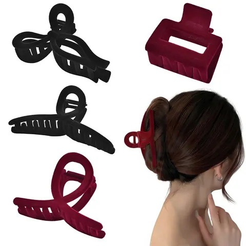 Women's Flocked Hair Claw Clips Elegant Velvety Cross Bow Square Shape Non-Slip Large Shark Clamps Hair Accessories Gift
