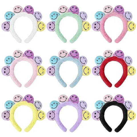 Serre-tête Rigolo en Peluche avec Smileys et Pompons Colorés Bandeau Cheveux pour Lavage Visage Maquillage Fête Femme Accessoires