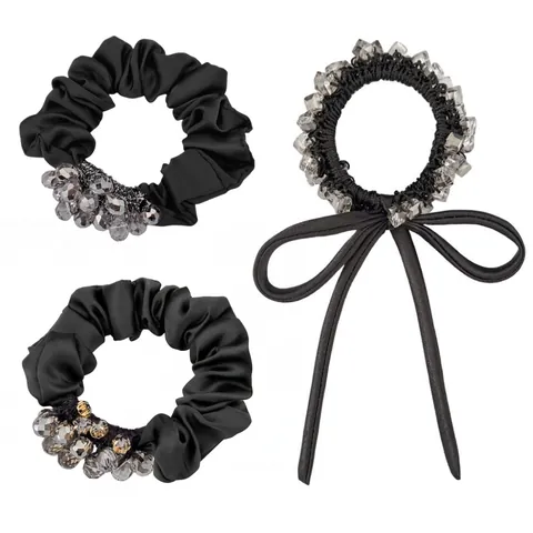 Korean Style Black Satin Scrunchies Bow Hair Ties With Artificial Crystal Rhinestones Elastic Hair Rope For Women Daily Accessory