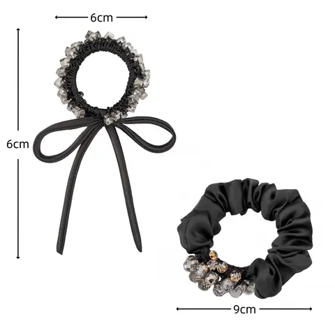 Korean Style Black Satin Scrunchies Bow Hair Ties With Artificial Crystal Rhinestones Elastic Hair Rope For Women Daily Accessory
