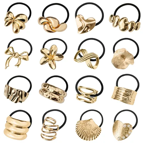 Élastique à Cheveux en Métal Doré Style Coréen avec Nœud Papillon et Cœur pour Femmes Filles Corde à Cheveux Noire Accessoire Coiffure