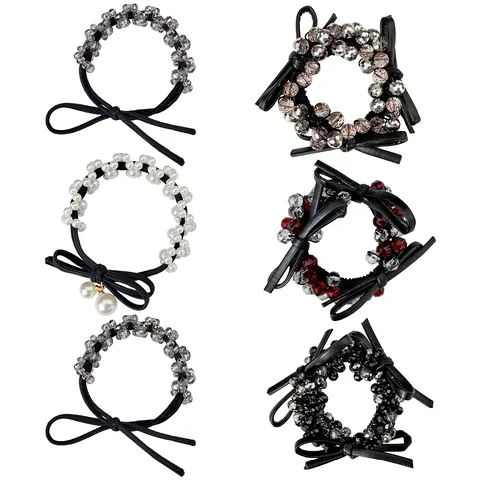 Damen Kunstleder Schleife Künstliche Perle Strass Haargummi Elastischer Künstliche Perlen Haarring Süßer Pferdeschwanz Dutt Haarschmuck