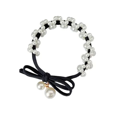 Damen Kunstleder Schleife Künstliche Perle Strass Haargummi Elastischer Künstliche Perlen Haarring Süßer Pferdeschwanz Dutt Haarschmuck