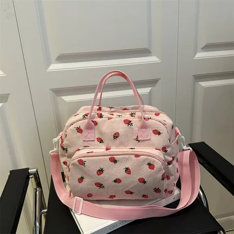 Women Corduroy Strawberry Print Underarm Bag Large Capacity Casual Shoulder Crossbody Commuting Bag With Zipper Pocket