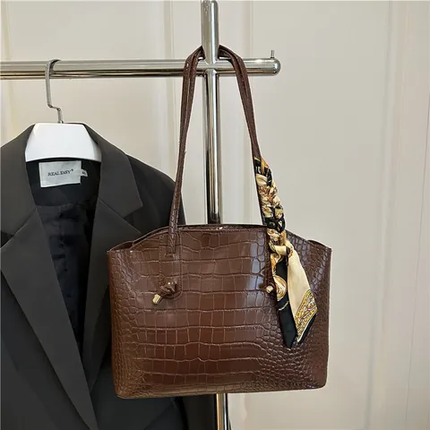 Borsa Tote da Donna con Motivo Coccodrillo e Sciarpa di Raso Grande Capacità in Pelle PU per Ufficio