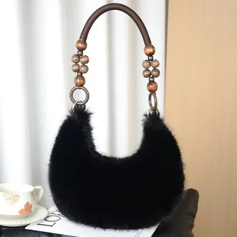 Women Faux Fur Plush Shoulder Bag With Wood Beaded Handle Half Moon Underarm Hobo Bag Casual Fashion Autumn Winter Daily Travel Handbag