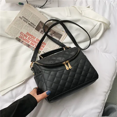 Bolso de Hombro de Cuero PU Acolchado de Rombos para Mujer Doble Cremallera Dorada Gran Capacidad Bolso de Mano con Asa Superior