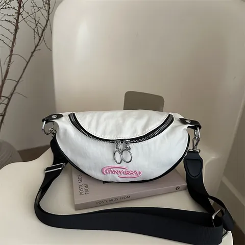 Damen Koreanischer Stil Leinwand Halbmond Umhängetasche Minimalistische Buchstabenstickerei Dumpling Brusttasche Lässige Schultertasche
