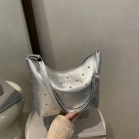 Women Studded Hobo Bag Glossy PU Leather Crescent Shoulder Bag Rivet Underarm Purse With Adjustable Strap Punk Style