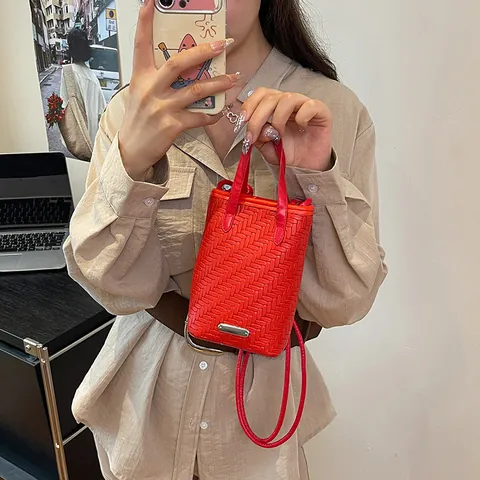 Minibolso Bandolera para Teléfono de Mujer de Cuero Sintético con Patrón Tejido Bolso Cuadrado Pequeño Estilo Minimalista Urbano Diario