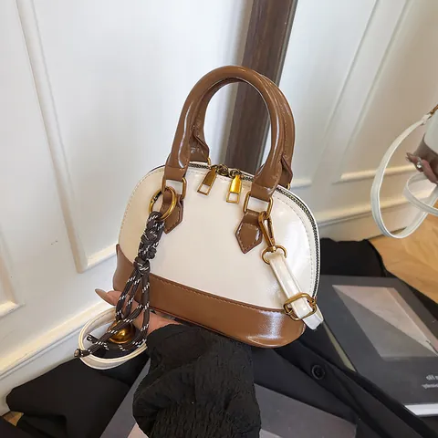 Women Retro Contrast Color Mini Shell Handbag Glossy PU Leather Crossbody Bag With Bell Pendant Elegant Shoulder Bag