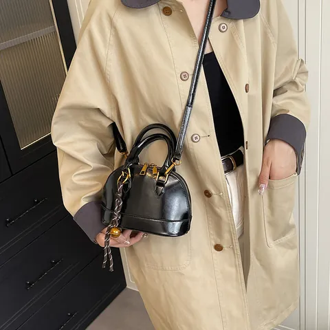 Women Retro Contrast Color Mini Shell Handbag Glossy PU Leather Crossbody Bag With Bell Pendant Elegant Shoulder Bag