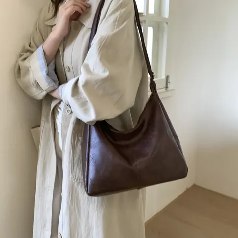 Bolso Tote Retro De Gran Capacidad Para Mujer Minimalista De Cuero PU Bolso De Hombro Hobo Casual Color Sólido Uso Diario