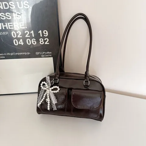Sac à Épaule Femme Vintage en Cuir PU Grande Capacité Sac Sous le Bras Avec Pendentif Nœud Künstliche Perle Style Rétro Élégant