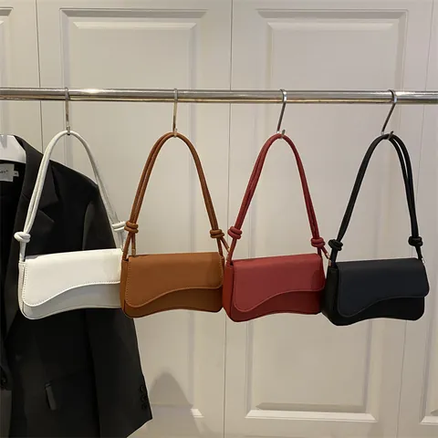 Women Designer PU Leather Small Square Shoulder Bag Asymmetrical Curved Flap Knot Strap Casual Fashion Crossbody Messenger Bag