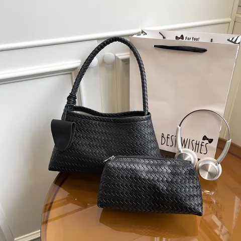 Bolso de Axila de Cuero PU Tejido para Mujer Con Estuche Bolso de Hombro Gran Capacidad Moda Callejera Casual Conmutar