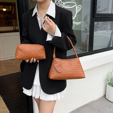 Bolso de Axila de Cuero PU Tejido para Mujer Con Estuche Bolso de Hombro Gran Capacidad Moda Callejera Casual Conmutar
