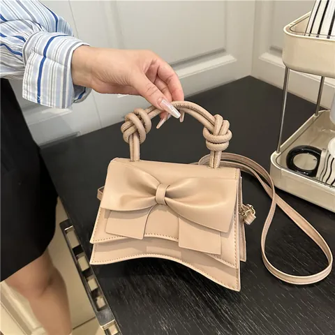 Fashion Bowknot PU Leather Handbag For Women Knot Handle Small Square Crossbody Shoulder Bag Solid Color Elegant Purse