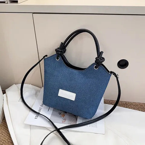 Bolso de Cubo de Mezclilla Retro para Mujer Color de Contraste Patchwork Bolso de Hombro Con Asa de Cuero PU Moda