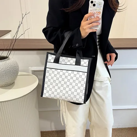 Bolso Tote de Gran Capacidad para Mujer Estampado de Monograma y Letras Moda de Cuero PU Bolso de Mano Patrón Geométrico Diario