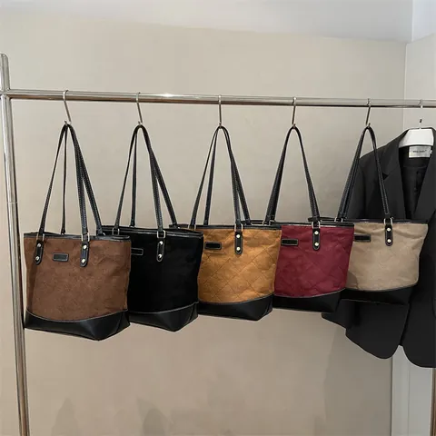 Damen Große Kapazität Shopper Tasche Gesteppt Rhombus Wildleder PU Leder Kontrastnähte Pendler Schultertasche Handtasche