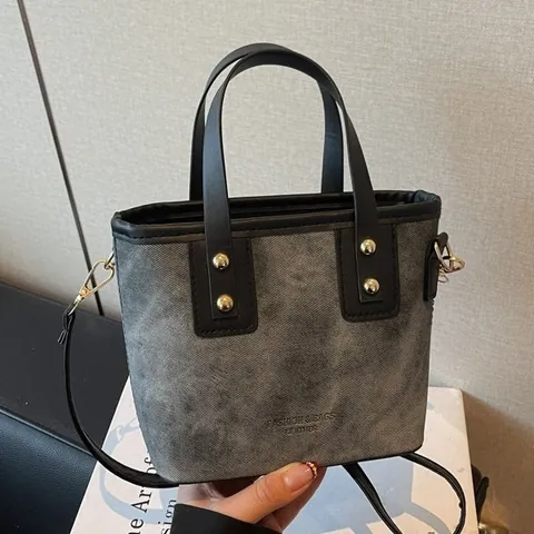 Bolso de Cubo de Bloque de Color Retro para Mujer PU Lona Puntadas en Contraste Remache Bolso de Hombro Correa Pequeño Bolso