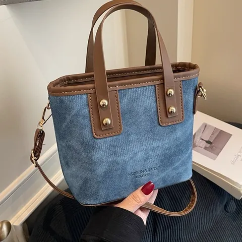 Bolso de Cubo de Bloque de Color Retro para Mujer PU Lona Puntadas en Contraste Remache Bolso de Hombro Correa Pequeño Bolso